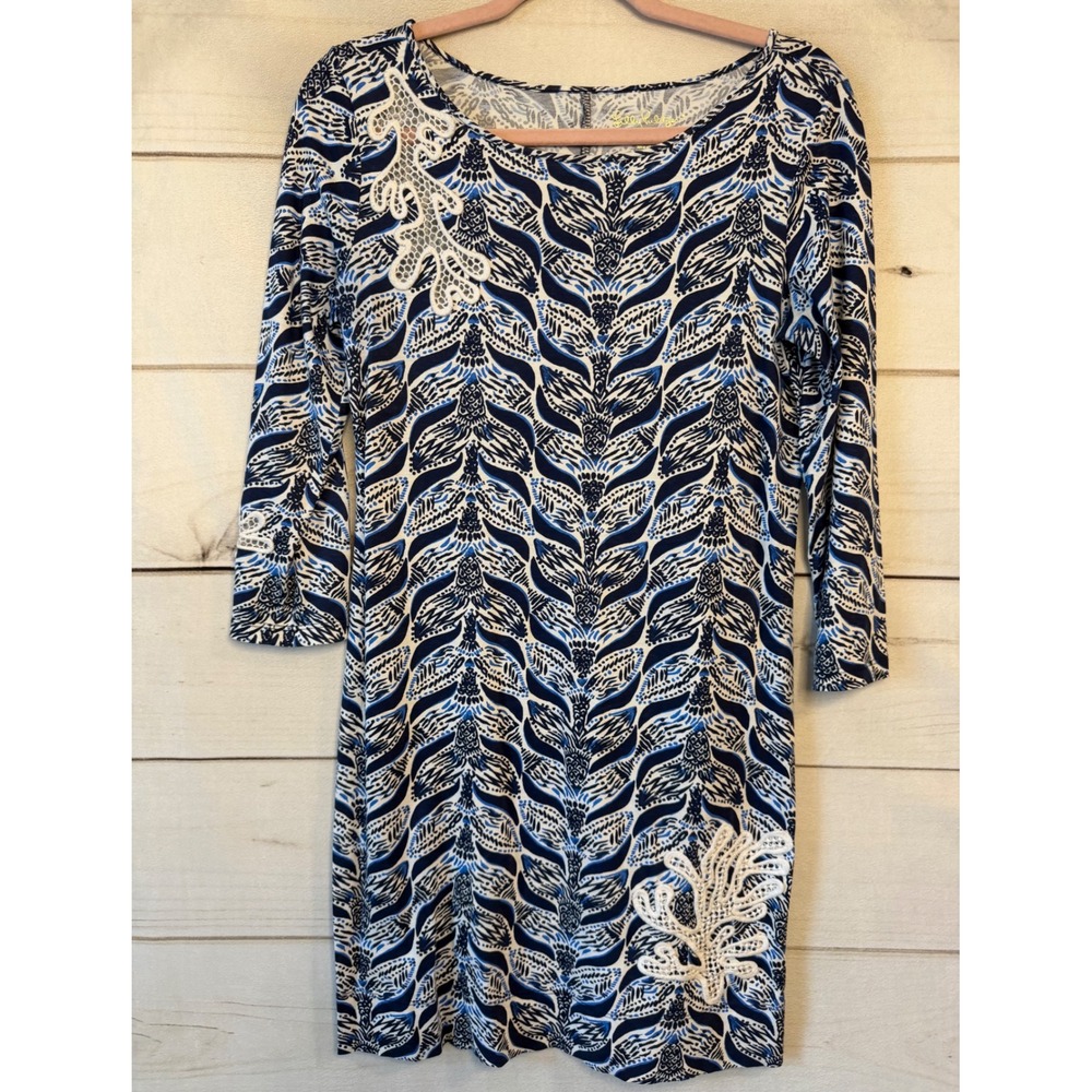 Lilly Pulitzer Hollee Blue White Patterned Pima Cotton Lace Applique Dress S